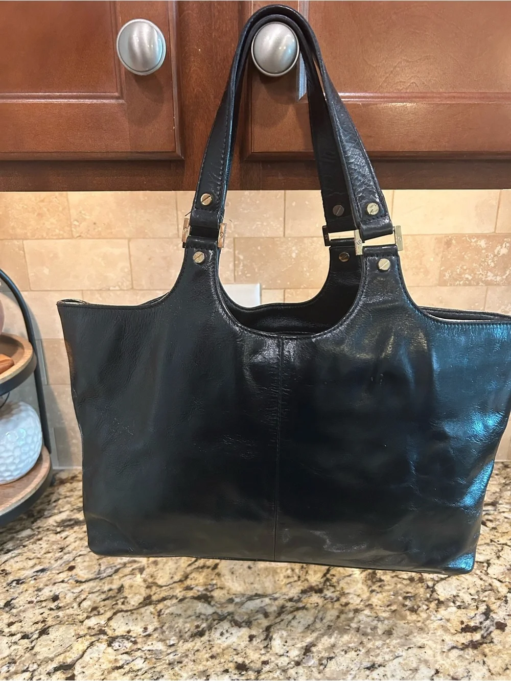 Tory Burch Black Leather Logo Tote with Gold Hardware